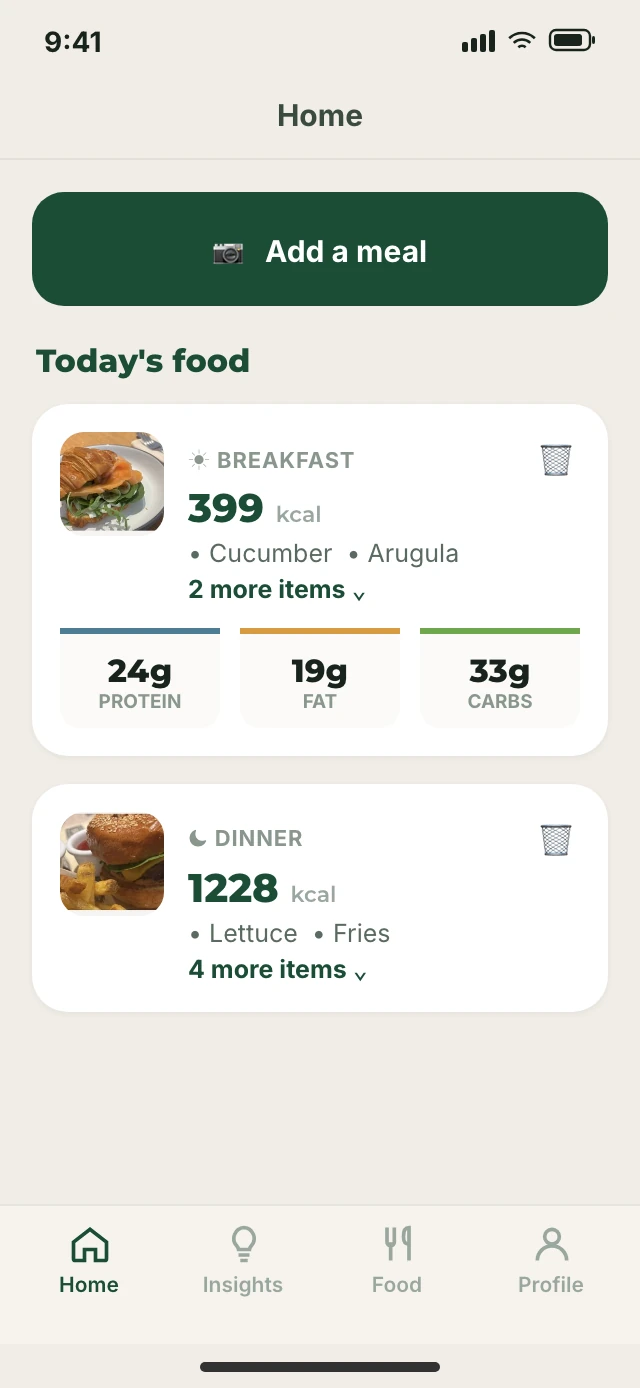 App screen: food diary for today